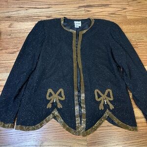 Leslie Fay Evenings Jacket Beaded Sequins Bow Detail Silk Sparkle embellished L